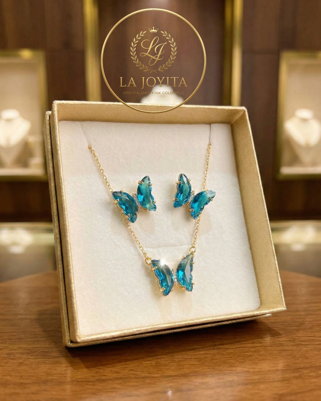 Conjunto Cadena y Aros Mariposa 14K "Crystal Garden"