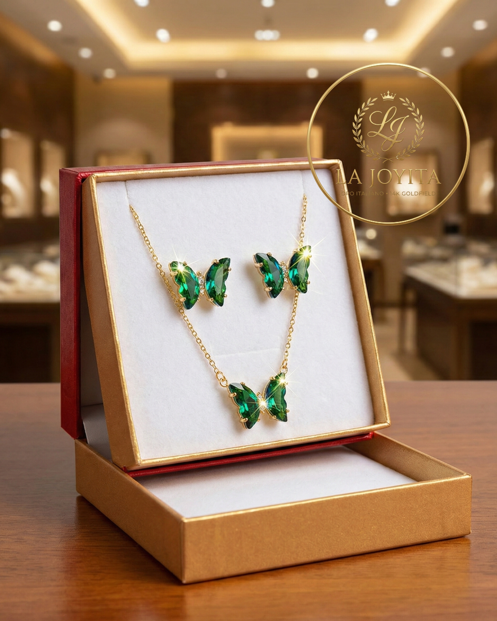 Conjunto Cadena y Aros Mariposa 14K "Crystal Garden"